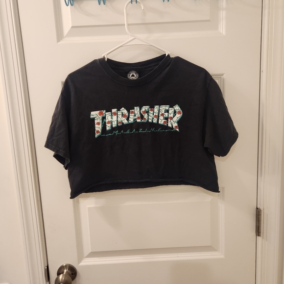 Thrasher Tops - Thrasher Womens Crop T Shirt Logo Black Size M Short Sleeved